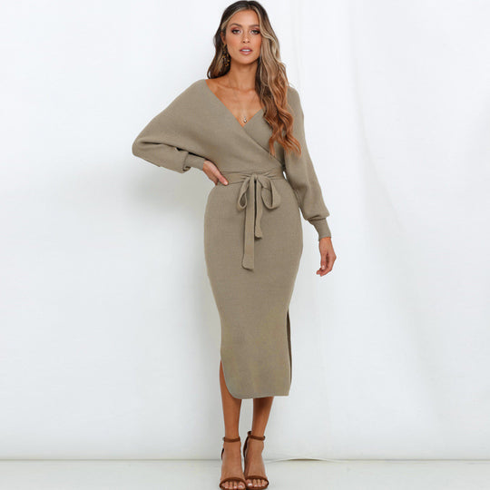 Damen Strickkleid mit Wickeloptik und tailliertem Design EB