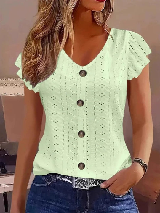 Damen luftige Bluse mit filigranem Lochmuster und Knopfdetails EB