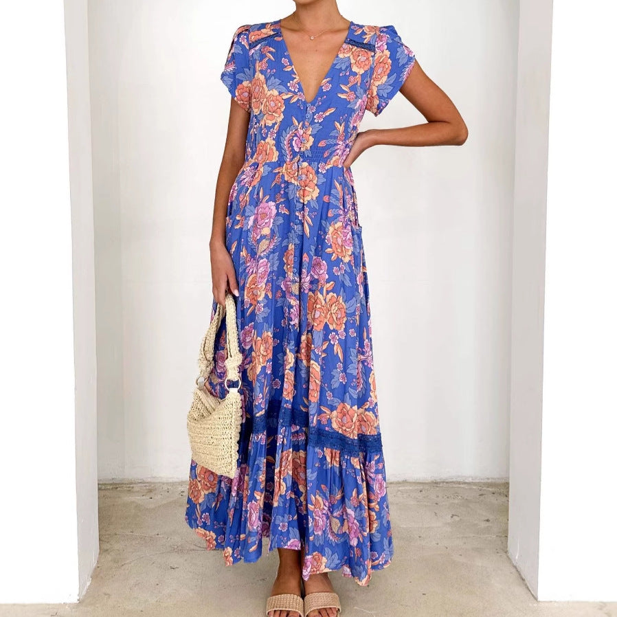 Damen Maxikleid mit tiefem V-Ausschnitt und romantischem Blumenmuster EB