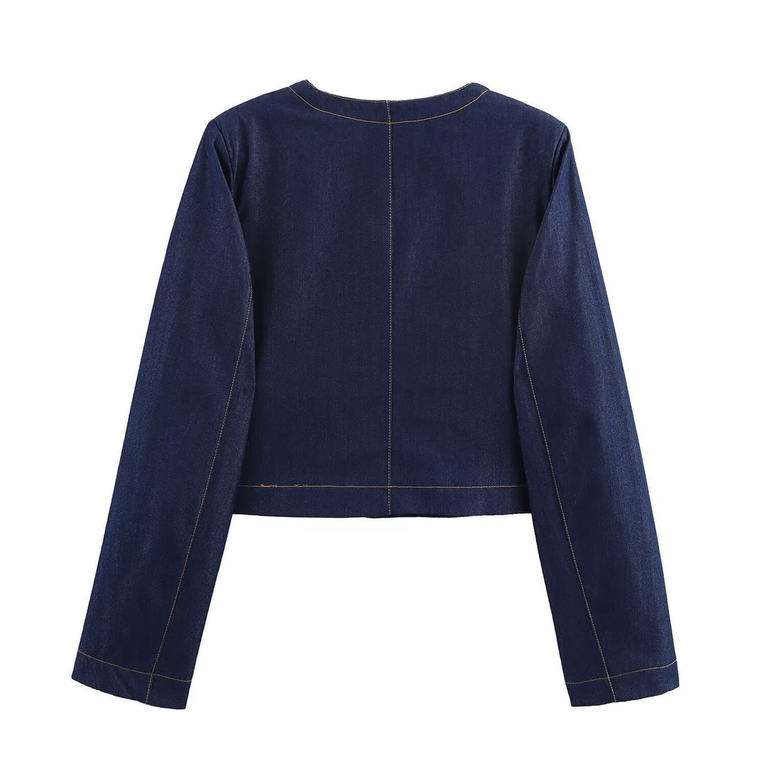 Damen cropped Jeansjacke mit aufgesetzten Taschen und eleganter Knopfdetails EB