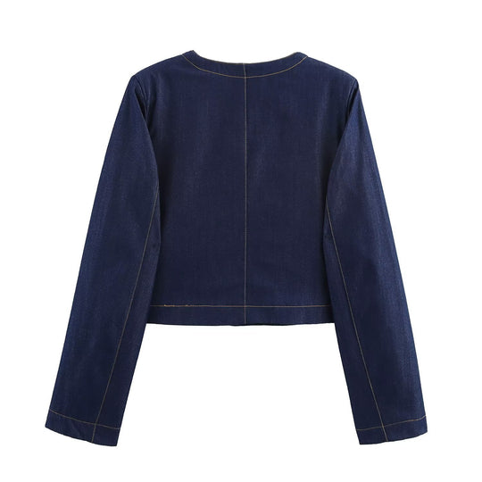 Damen cropped Jeansjacke mit aufgesetzten Taschen und eleganter Knopfdetails EB