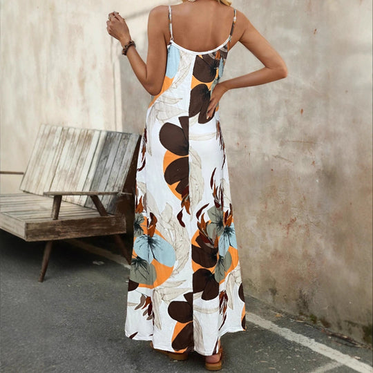Damen Langärmliges Sommermaxikleid mit floralem Design und Spaghetti-Trägern EB