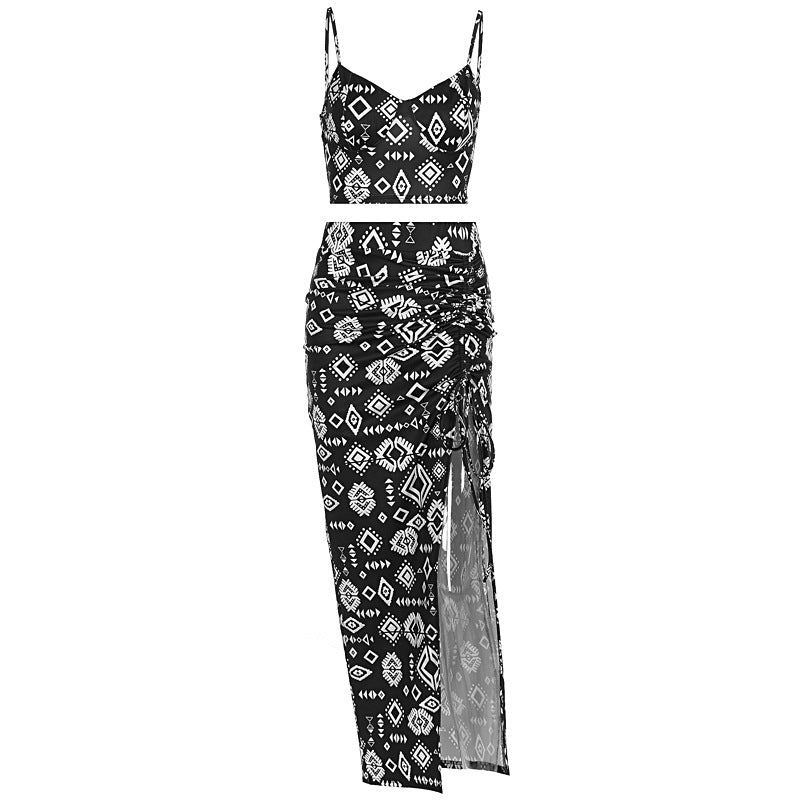 Damen Set aus Crop-Top und Knielangem Rock mit Raffungen EB