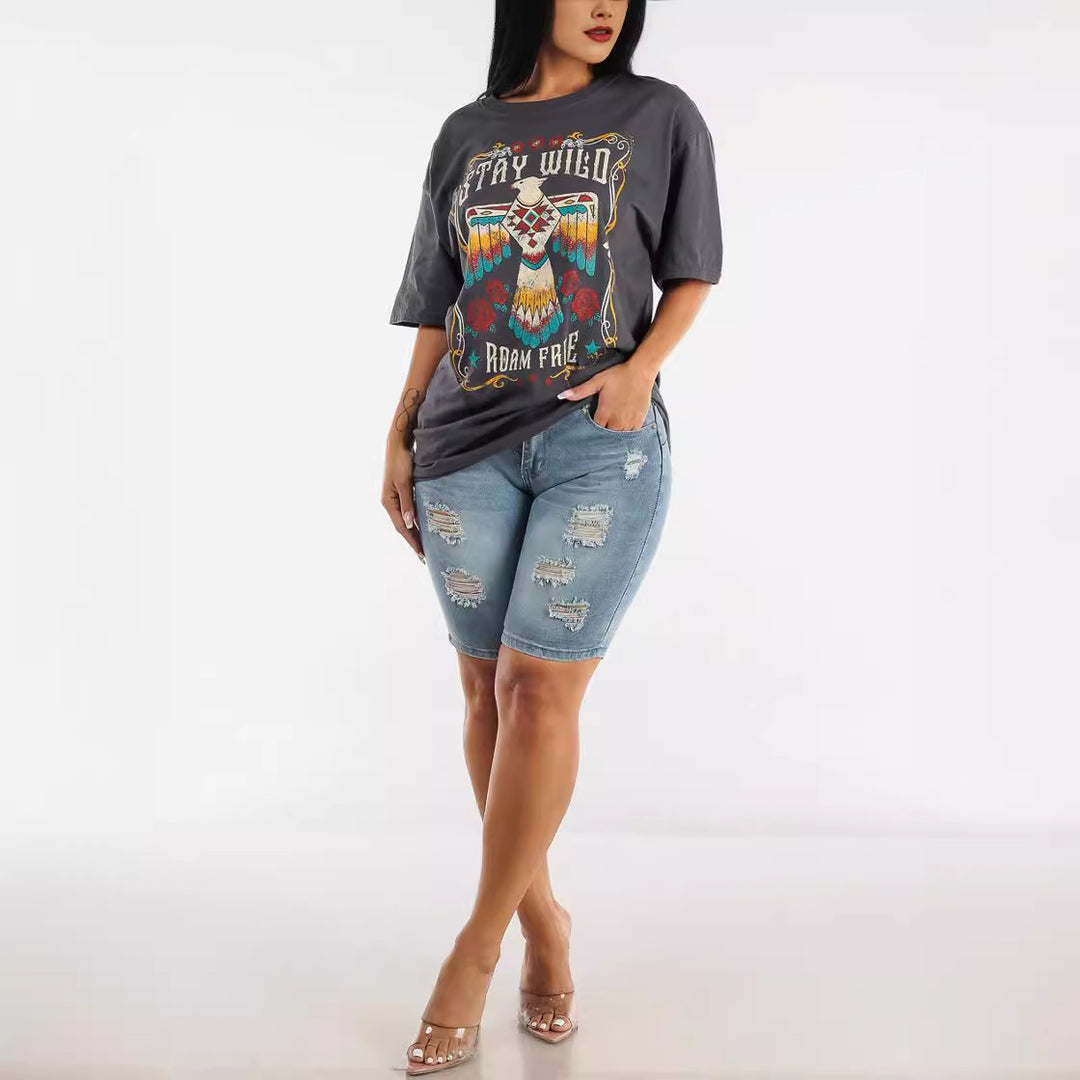 Damen Jeansbermuda mit hohen Bund und Destroyed-Details EB