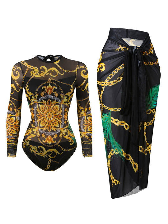 Damen Badeanzug mit elegantem transparentem Wickelrock EB