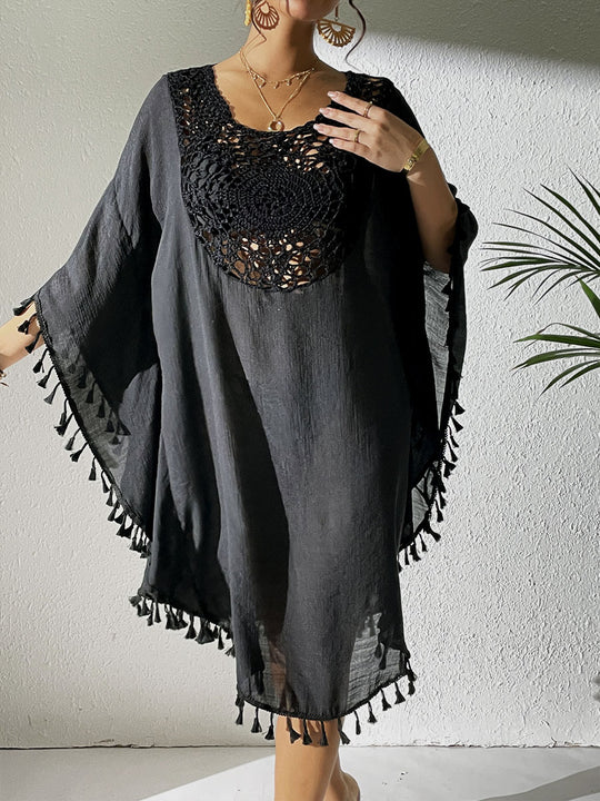 Damen Strandtunika mit elegantem Häkelmuster und fransigen Details EB
