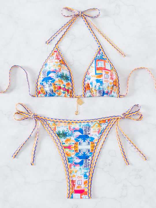 Damen Triangel-Bikini mit verspieltem Palmenmuster EB