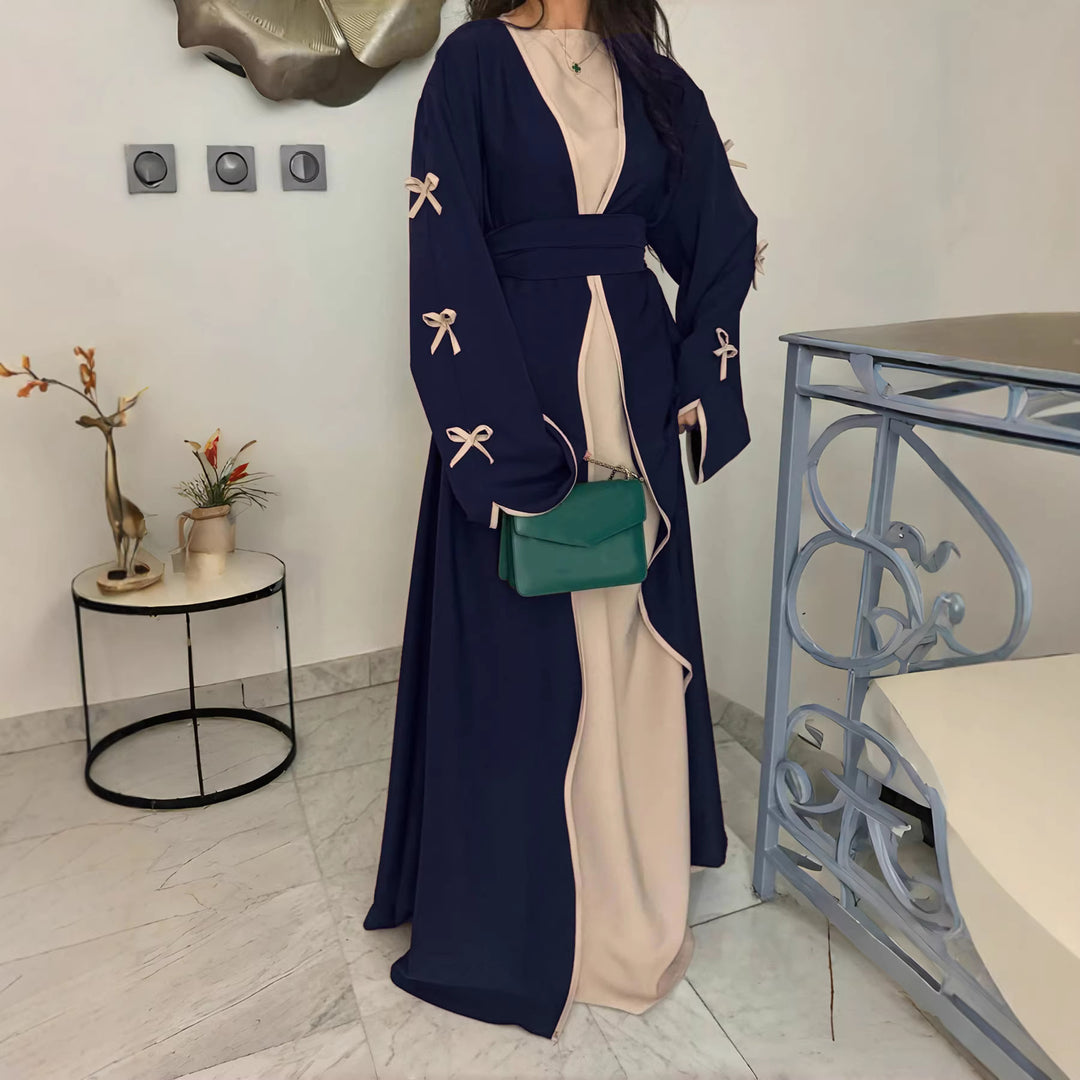 Damen nan elegante Abaya-Kaftan mit weitem Trompetenärmel, kontrastierender Passe und Wickelgürtel EB
