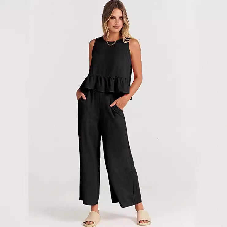 Damen Lässiger Peplum-Jumper mit weit geschnittenen Hosen EB