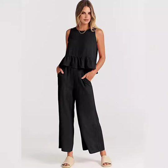 Damen Lässiger Peplum-Jumper mit weit geschnittenen Hosen EB