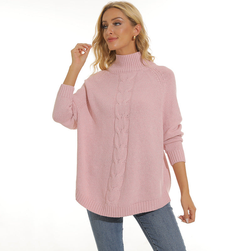 Damen gemütlicher Strickpullover mit hochgeschlossenem Kragen und modischem Zopfmuster EB