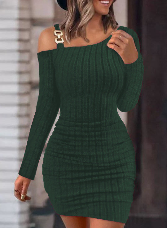 Damen Figurbetontes Strickkleid mit asymmetrischem Schulterdesign und dekorativen Akzenten EB
