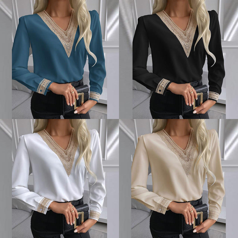 Damen elegante Bluse mit Spitzenbesatz EB