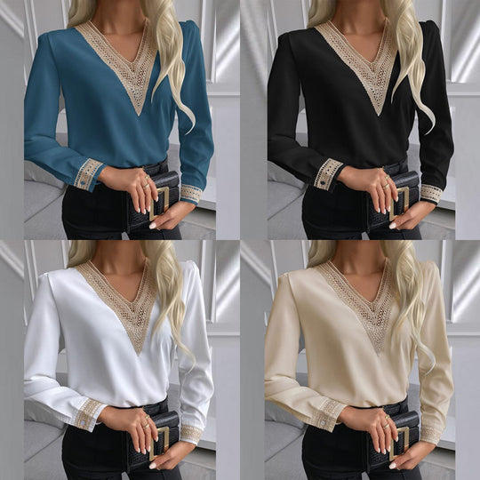 Damen elegante Bluse mit Spitzenbesatz EB
