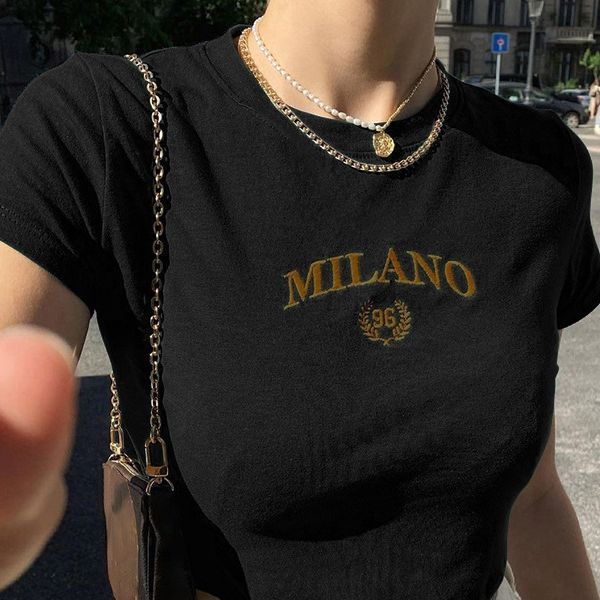Damen cropped T-Shirt mit gesticktem Schriftzug und rundem Ausschnitt EB