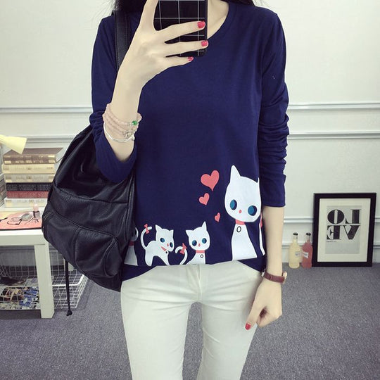 Damen Langarm-T-Shirt mit kreativem Katzenmotiv EB