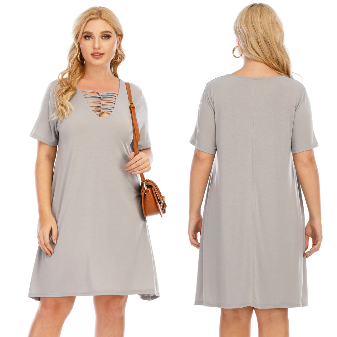Damen lässiges Loose-Fit Kleid mit V-Ausschnitt und modernen Schnürdetails EB
