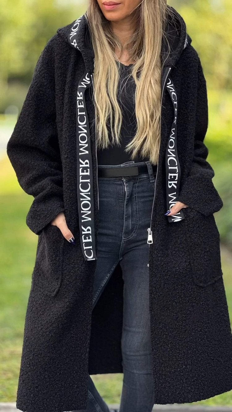 Damen Modischer Oversized-Fleece-Mantel mit praktischen Taschen und Kapuze EB