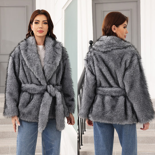 Damen Eleganter Kunstpelzmantel mit Gürtel und breitem Revers EB