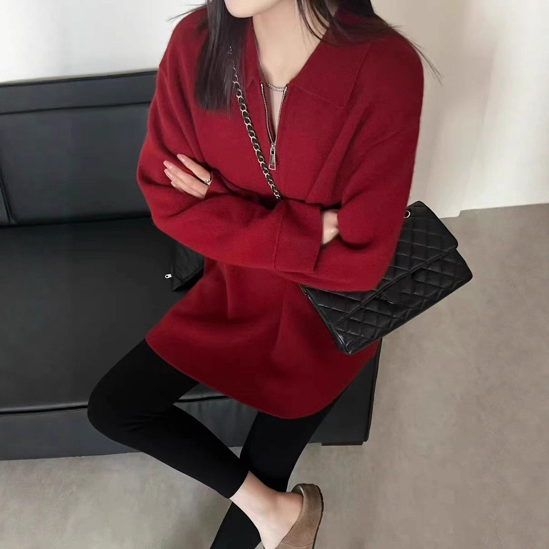 Damen Modischer Pullover mit Reißverschluss und Kragen EB