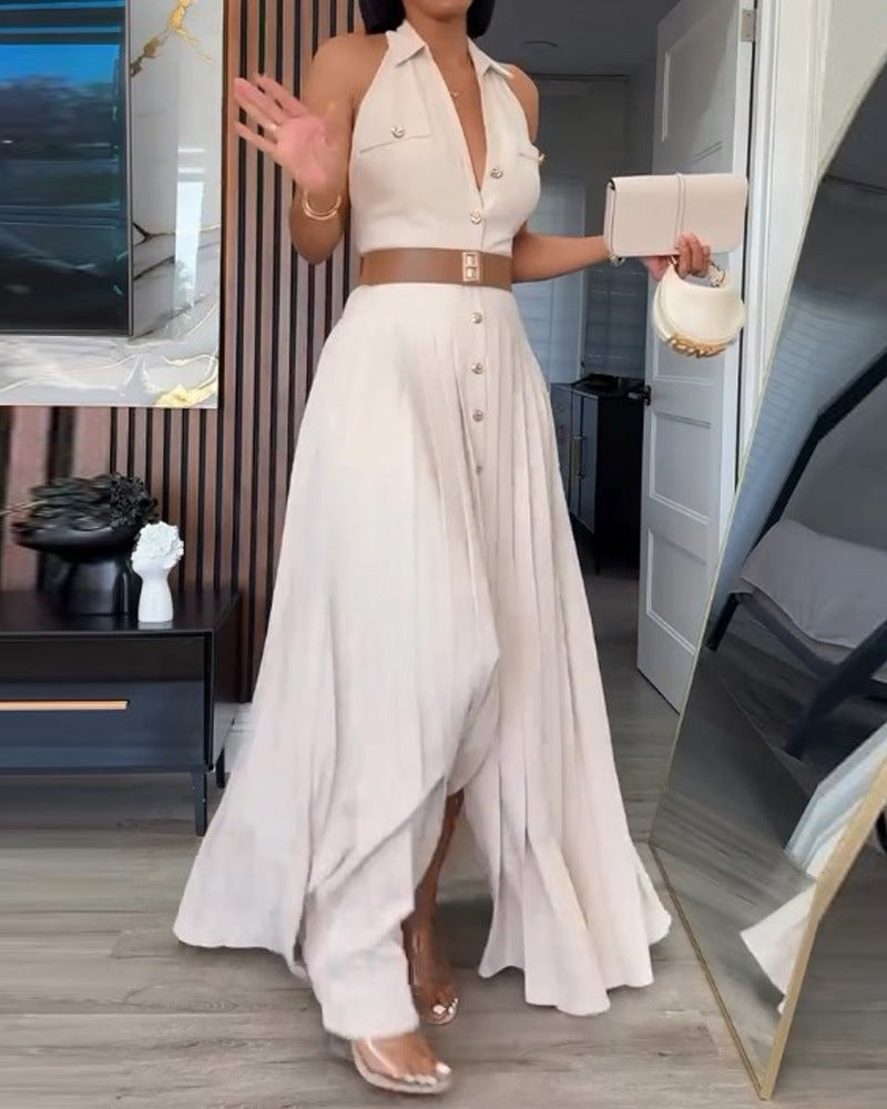 Damen Elegantes Maxikleid mit tiefem V-Ausschnitt und schmeichelndem Taillengürtel EB