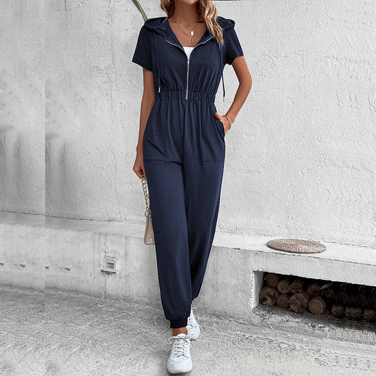 Damen moderner Kurzarm-Jumpsuit mit praktischen Taschen und Kapuze EB