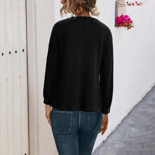 Damen lässiger Strickpullover mit dekorativen Knöpfen und weitem Schnitt EB