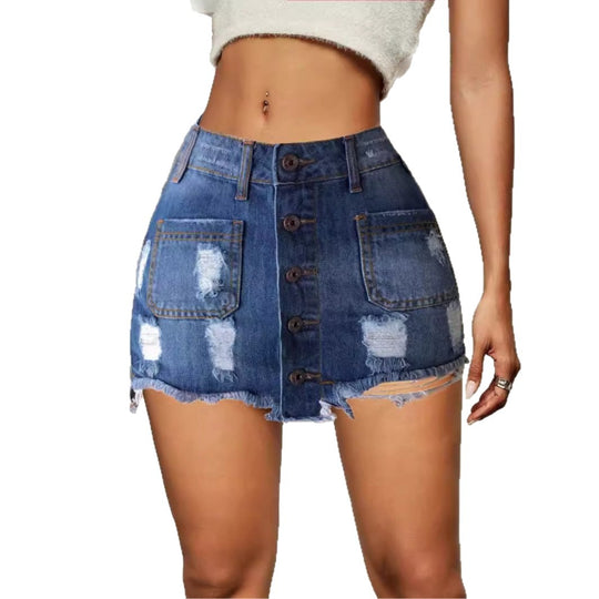 Damen Jeansrock mit Knopfleiste und lässigem Destroyed-Effekt EB