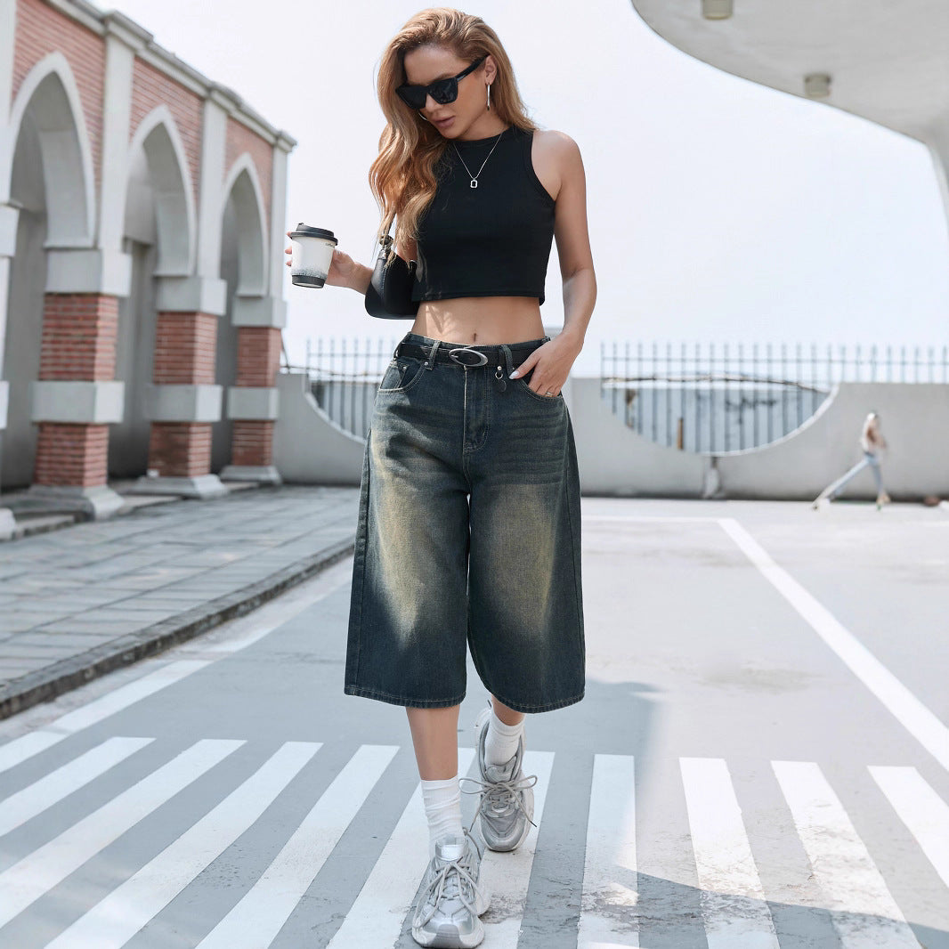 Damen Weite Denim-Culotte mit modischer Nackenbindung EB