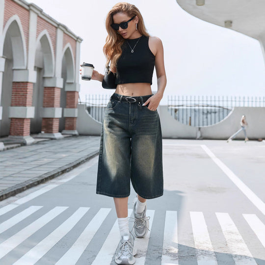 Damen Weite Denim-Culotte mit modischer Nackenbindung EB
