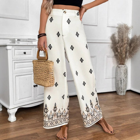 Damen Elegante und lockere Stoffhose mit dekorativem Muster EB