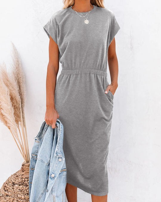 Damen Entspanntes Midikleid mit elastischem Taillenzug und Seitentaschen EB