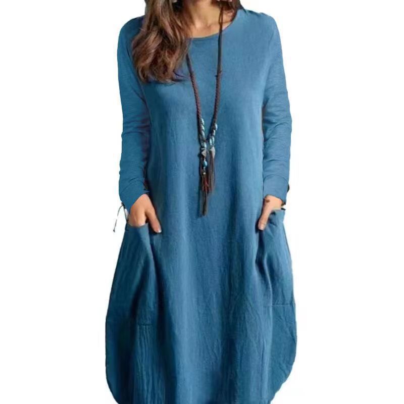 Damen lässiges Freizeitkleid mit seitlichen Taschen und Rundhalsausschnitt EB