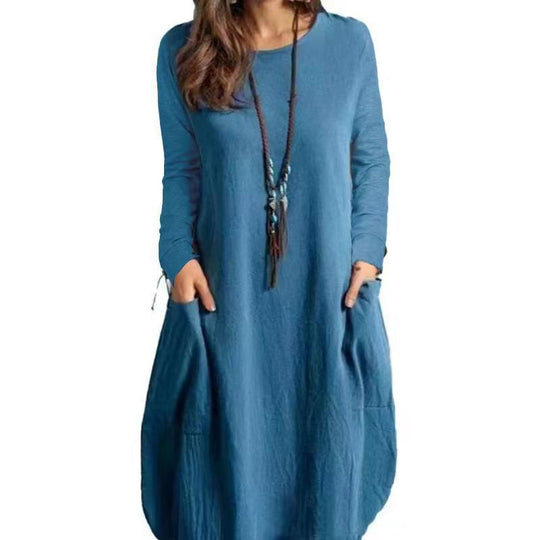 Damen lässiges Freizeitkleid mit seitlichen Taschen und Rundhalsausschnitt EB