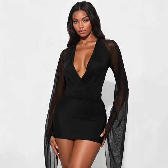 Damen Wickelkleid mit langem, transparentem Ärmel EB