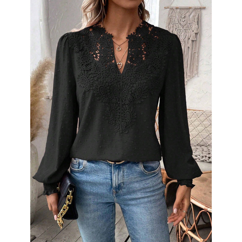 Damen Bluse mit gesticktem V-Ausschnitt und langen Ärmeln EB