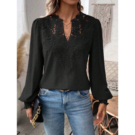 Damen Bluse mit gesticktem V-Ausschnitt und langen Ärmeln EB