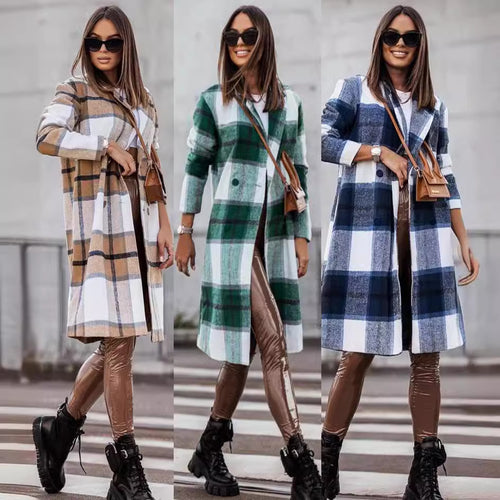 Damen Langer Wollmantel mit kariertem Muster und taillierbarem Gürtel EB