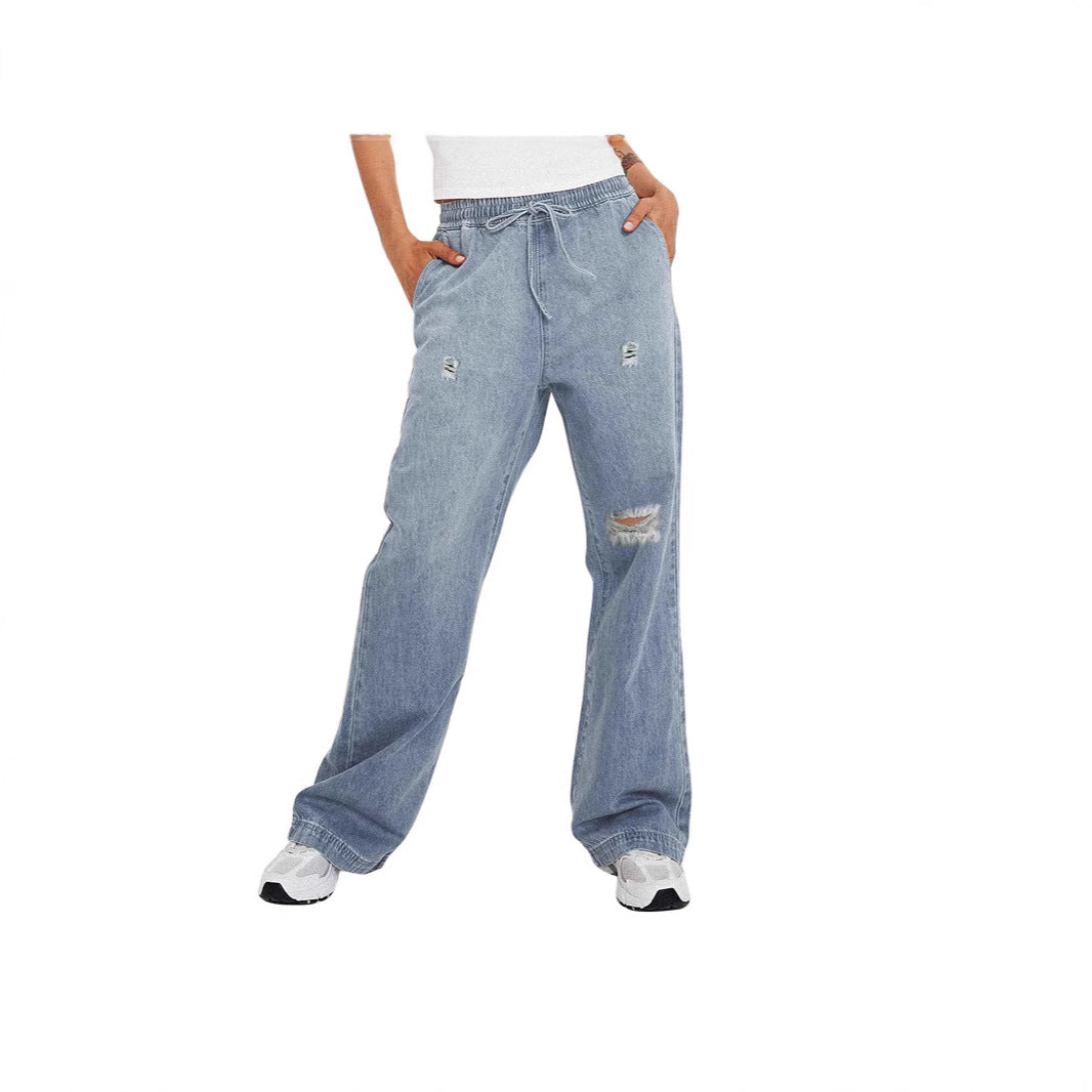 Damen lässige weite Denim-Hose mit elastischem Bund EB