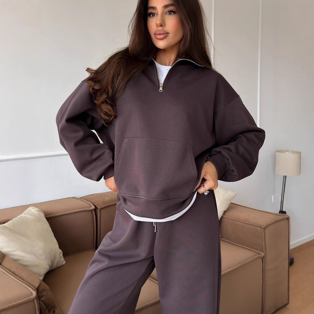 Damen nan weites Halfzip-Lounge-Set mit Kapuzenpullover, Kängurutasche und fließender Wide-Leg-Hose EB