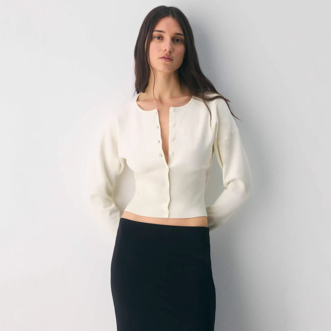 Damen Cropped Strickjacke mit Knopfleiste und Rippstrick EB