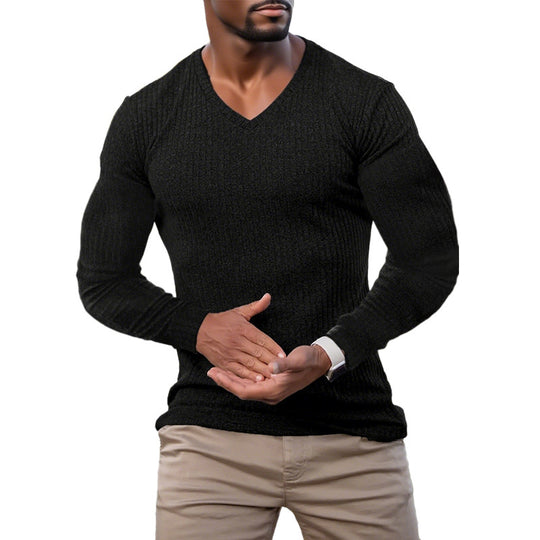 Herren elegantes V-Ausschnitt Pullover aus strukturiertem Strickmaterial EB