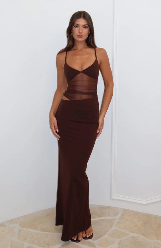 Damen Elegantes Maxikleid mit transparentem Oberteil und figurbetontem Schnitt EB