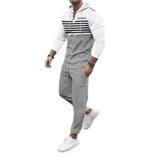 Herren nan Henley-Kapuzen-Lounge-Set mit Streifenpasse, Halbknopfleiste und konischer Jogginghose EB