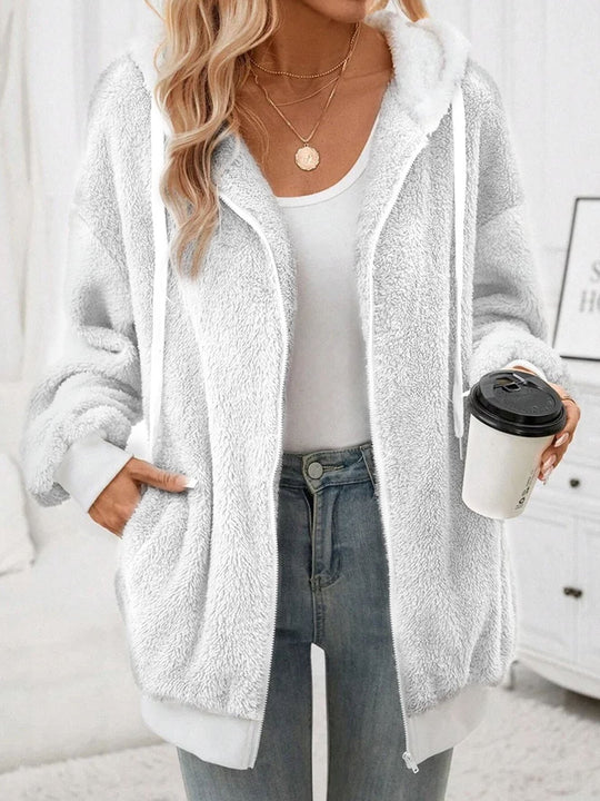 Damen Kuschelige Teddy-Fleece-Kapuzenjacke mit Reißverschluss und Oversized-Schnitt EB