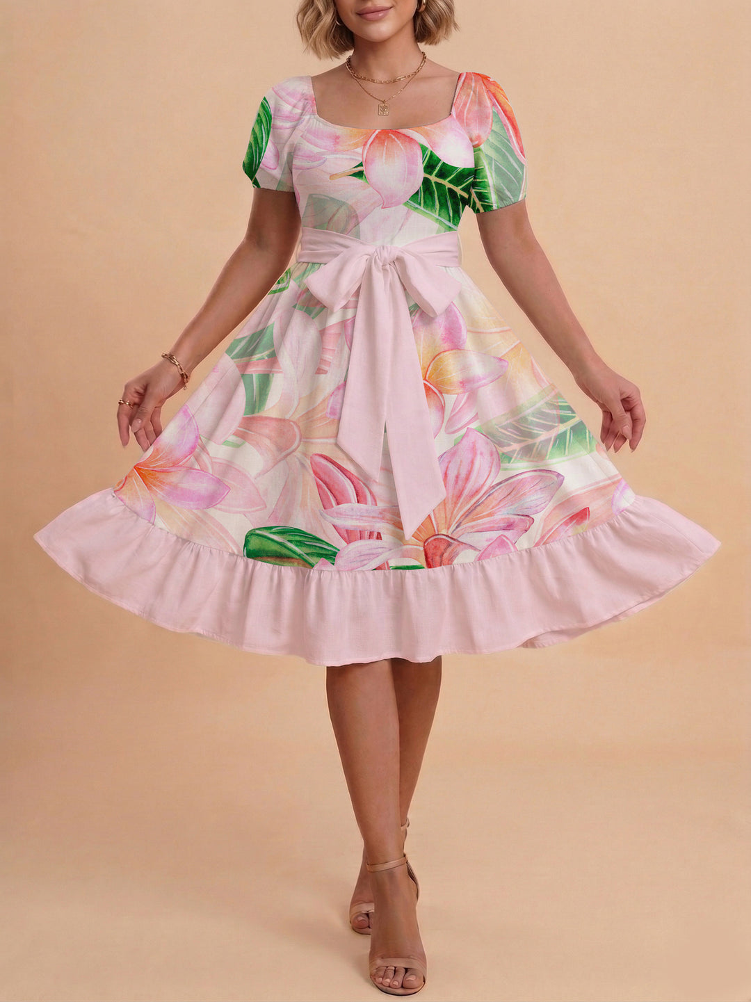 Damen Sommerkleid mit floralem Puffärmel und taillierbarem Gürtel EB