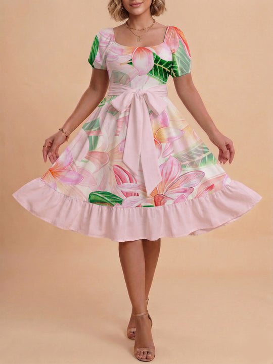 Damen Sommerkleid mit floralem Puffärmel und taillierbarem Gürtel EB