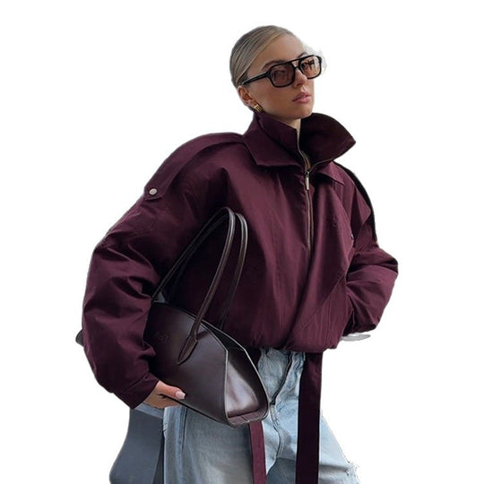 Damen moderne Oversized-Jacke mit Stehkragen und Taillengürtel EB