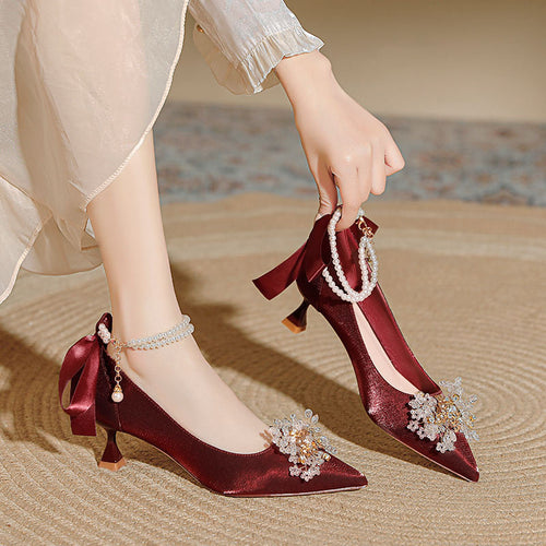 Damen elegante Spitzen-Pumps mit dekorativen Perlen-Details und Riemchen EB