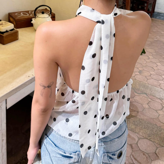 Damen Spaghetti-Trägertop mit modischem Punkten Design und Schleifenakzenten EB
